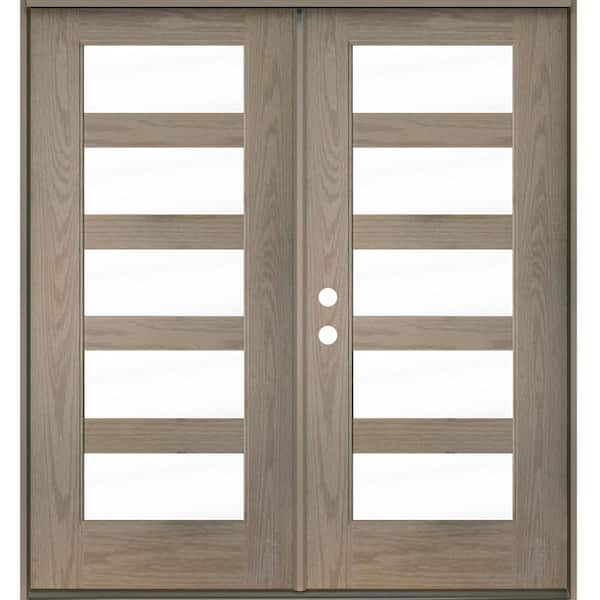 Modern 72 in. x 80 in. 5-Lite Right-Active/Inswing Clear Glass Oiled Leather Stain Double Fiberglass Prehung Front Door
