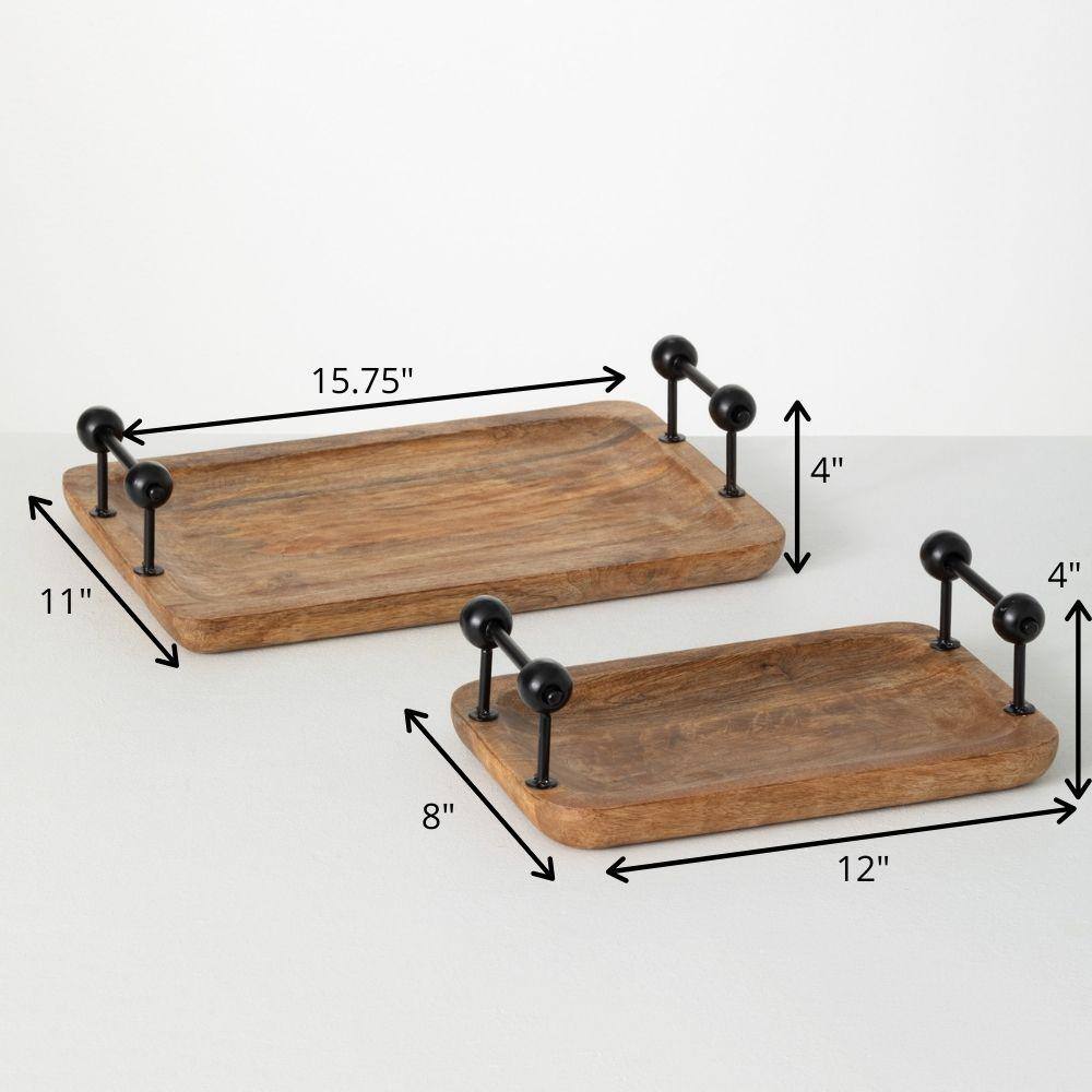 Rustic Brown Wooden Tray Set with Black Metal Handles