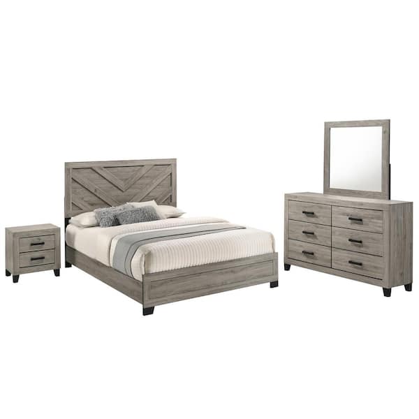 Best Quality Furniture Ararat 4-Piece Light Grey Color Wood Frame Full Size Panel Bedroom Set