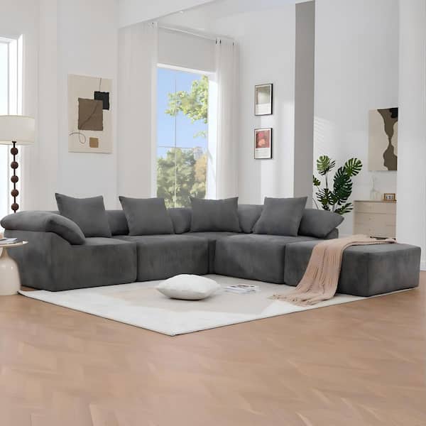 Luxury 142 in. W Pillow Top Arm 5-Piece L-Shaped Chenille Modular Sectional Sofa in Dark Gray with Ottoman