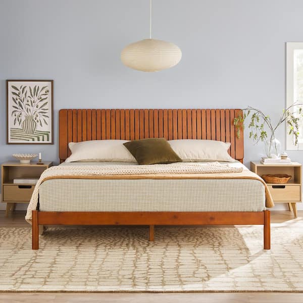 Welwick Designs Transitional Brown Solid Wood Frame King Platform Bed with Minimalist Slatted Headboard WESLT03KB4BR1