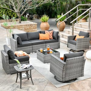 Sanibel Gray 8-Piece Wicker Outdoor Patio Conversation Sofa Seating Set with Swivel Rocking Chairs and Black Cushions