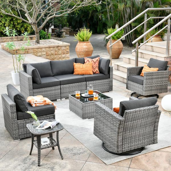 Sanibel Gray 8-Piece Wicker Outdoor Patio Conversation Sofa Seating Set with Swivel Rocking Chairs and Black Cushions