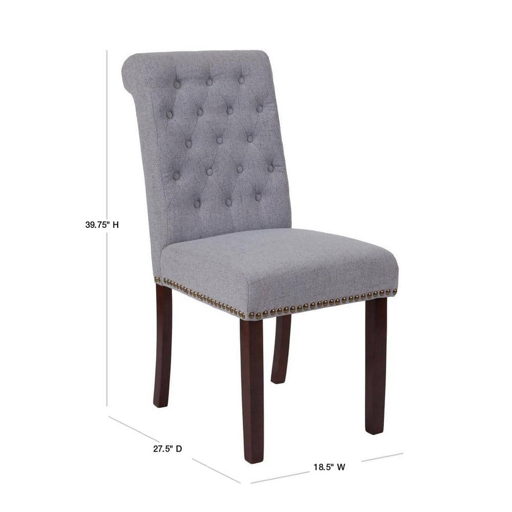 High-Back Parsons Side Chair in Light Gray Leather & Walnut Wood