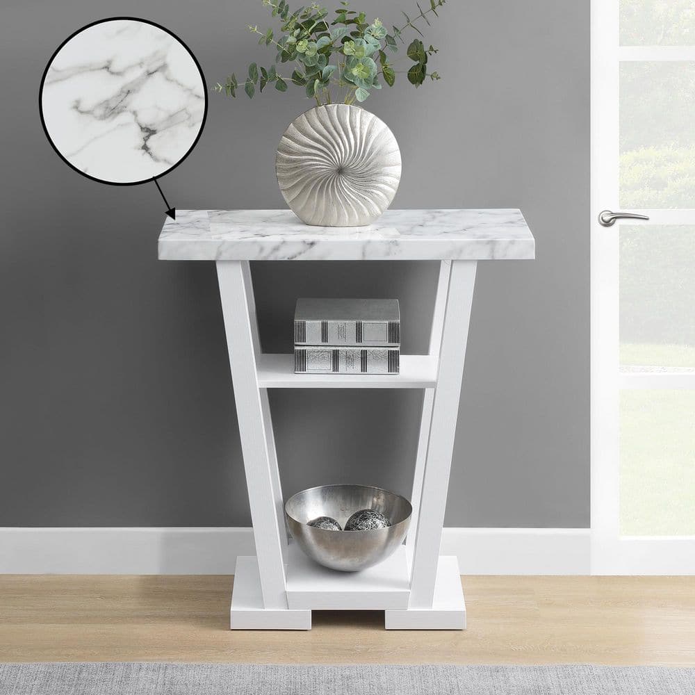 Faux White Marble and Wood Console Table with Storage