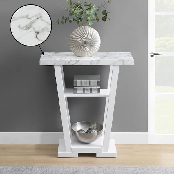 Convenience Concepts Newport 31.5 in. White/White Faux Marble Rectangle V-Console Table with Shelves