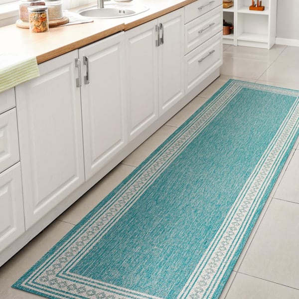 JONATHAN Y Lucia Classic Diamond Border Aqua/Light Gray 2 ft. x 8 ft. Indoor/Outdoor Area Rug