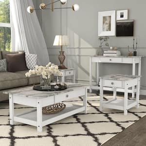 Dingo 4-Piece 41.75 in. White Rectangle Faux Marble Coffee Table Set with Drawers and Shelves