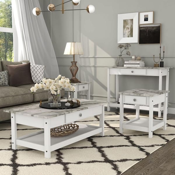 Dingo 4-Piece 41.75 in. White Rectangle Faux Marble Coffee Table Set with Drawers and Shelves