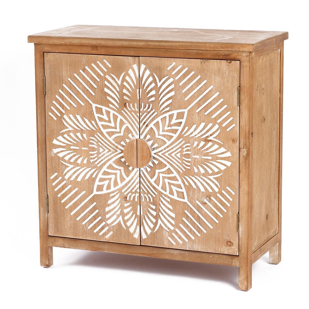 Rococo Romance 32'' White Natural Wood Floral Accent Cabinet