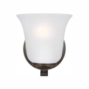 Emmons 5.875 in. 1-Light Bronze Traditional Transitional Wall Sconce with Satin Etched Glass Shade and LED Light Bulb