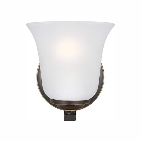 Generation Lighting Emmons 5.875 in. 1-Light Bronze Traditional Transitional Wall Sconce with Satin Etched Glass Shade and LED Light Bulb