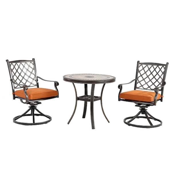 Mondawe Charcoal Gray 3-Piece Cast Aluminum Round Tile-Top Table Outdoor Dining Set and Backrest Swivel Chairs w/Orange Cushion