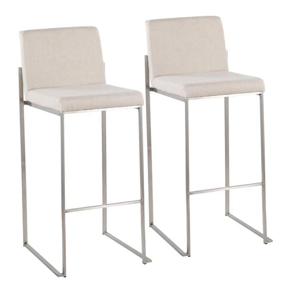 Lumisource Fuji 31 in. Beige Fabric and Stainless Steel Metal High Back Bar Stool (Set of 2)