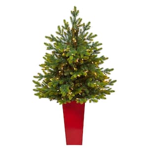 3.5 ft. North Carolina Fir Artificial Christmas Tree with 150 Clear Lights and 563 Bendable Branches Red Tower Planter