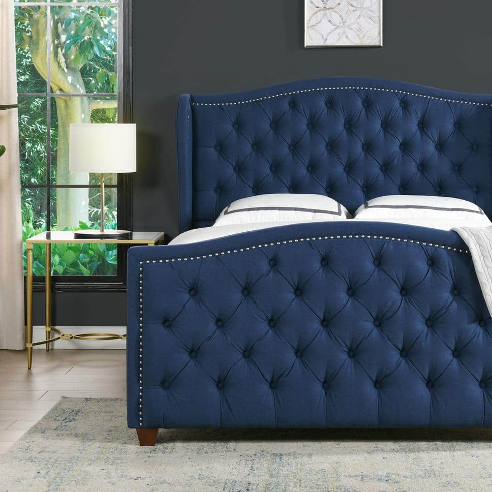 Jennifer Taylor Home Marcella Tufted Wingback Bed Queen Dark Sapphire Blue