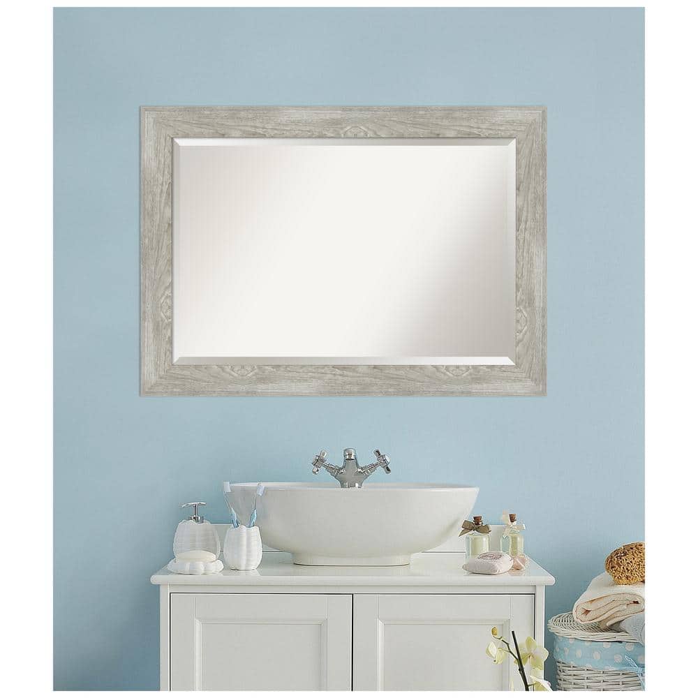Rustic Dove Greywash Weathered Wood Grain 42x30 Wall Mirror
