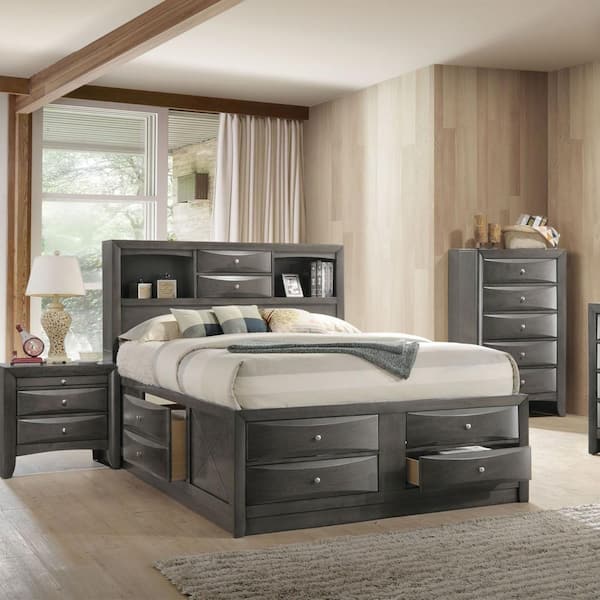 Details about   Wood Full Queen Headboard With Bookshelf Classic Gray Oak Bedroom Furniture