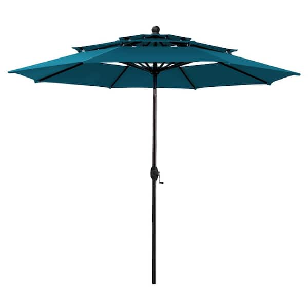 PHI VILLA 10 ft. 3-Tier Patio Market Umbrella with Solar LED Lights AutoTilt and Crank in Lyons Blue