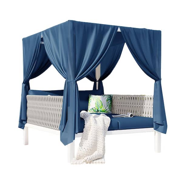 Unbranded 1-Piece Metal Outdoor Day Bed, Woven Rope Sunbed with Curtains, High Comfort, with Blue Cushions