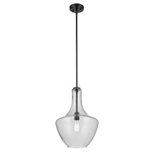 Everly 19.75 in. 1-Light Black Modern Shaded Bell Kitchen Hanging Pendant Light with Clear Seeded Glass