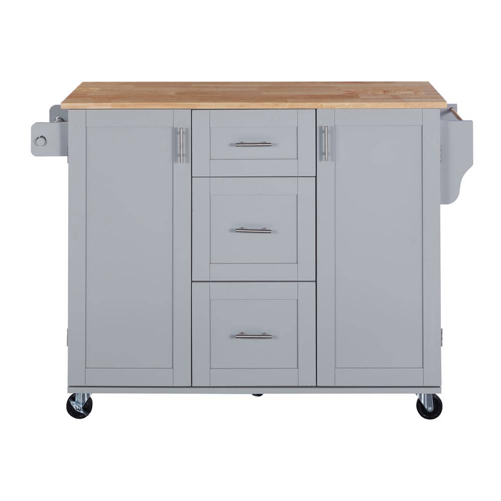 Grey Blue Wood 43 in. Kitchen Island with Rubber Wood Top 3 Drawers and Whe
