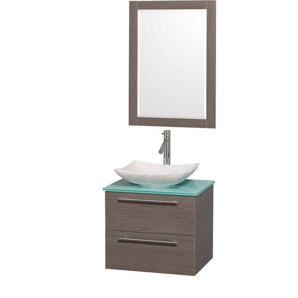 Wyndham Collection Amare 24 in. Vanity in Gray Oak with Glass Vanity Top in Green, Marble Sink and 24 in. Mirror
