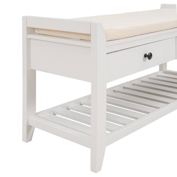 HOMCOM Compact Rustic Padded Wooden Shoe Rack Bench Organizer with Drawers - Country White