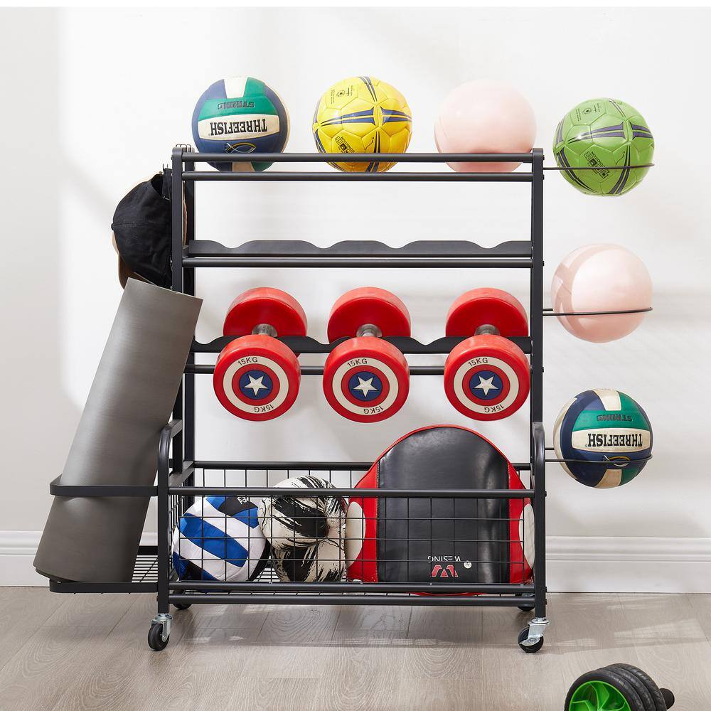 Black Metal 4-Tier Rolling Sports Equipment Organizer