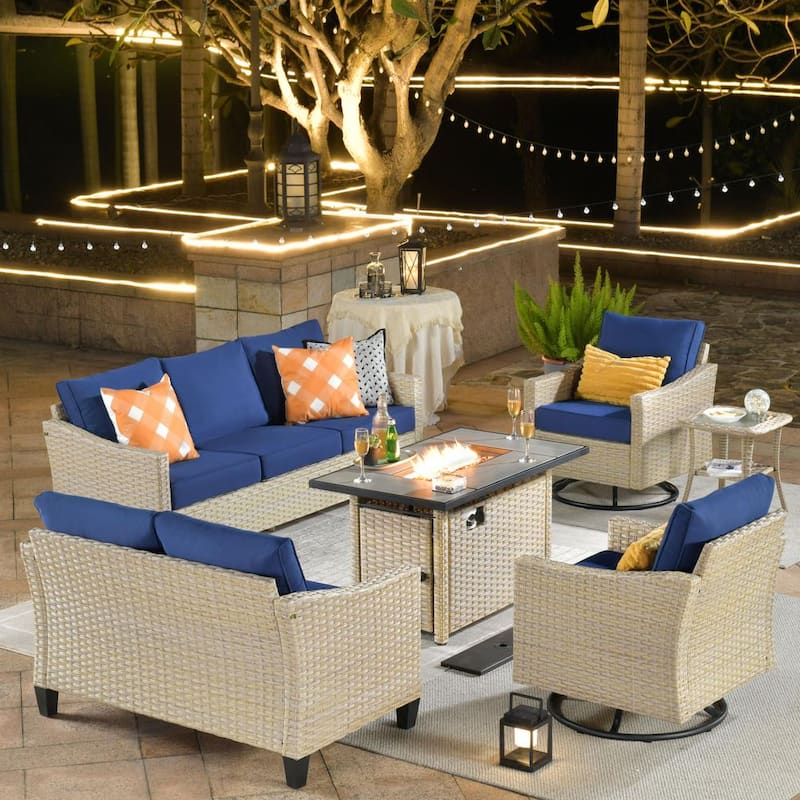 Oconee Beige 6-Piece Wicker Outdoor Patio Conversation Sofa Loveseat Set with a Fire Pit and Navy Blue Cushions