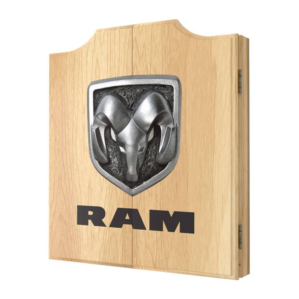 RAM Logo Light Brown Wood Dartboard Cabinet Set with Steel Tip Darts