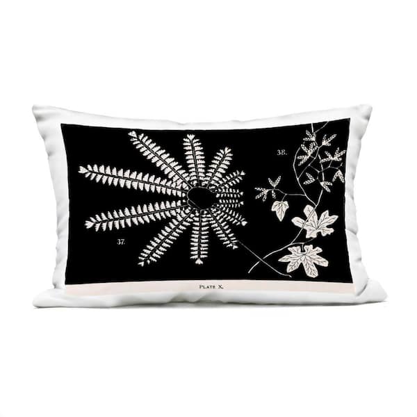 Ferns and Leaves on Black Black Rectangular Outdoor Throw Pillow