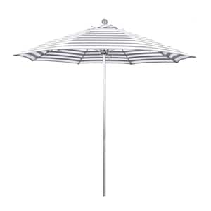 9 ft. Silver Aluminum Commercial Market Patio Umbrella with Fiberglass Ribs Push Lift in Gray White Cabana Stripe Olefin