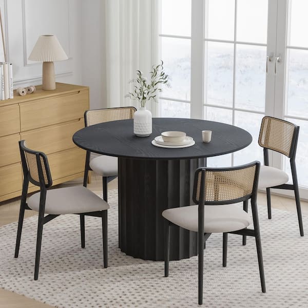 Lirago Round Black Wood 46 in. Column Base Dining Table Seats 4