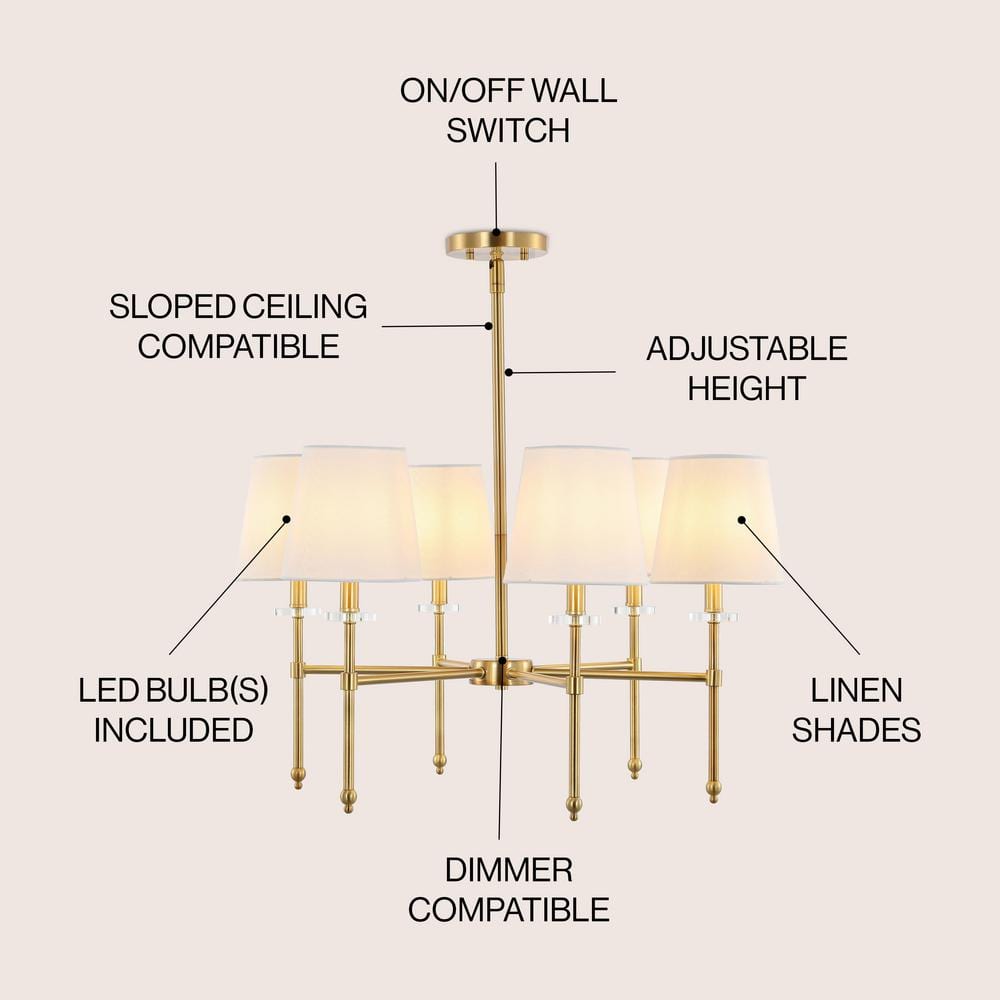 Cillian 27" Satin Gold Brass 6-Light LED Chandelier with White Fabric Shades