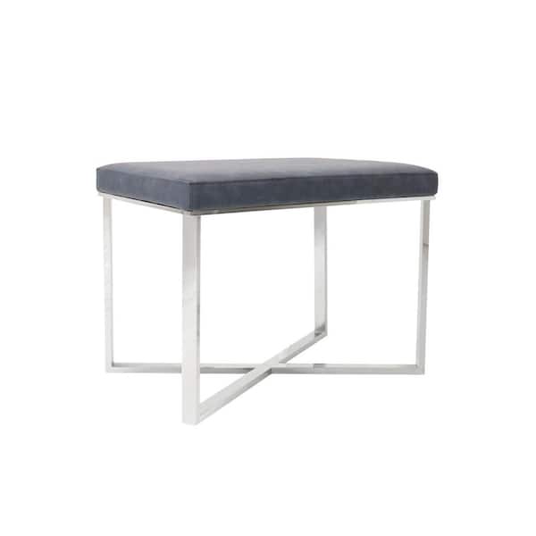 Pasargad Home Luxe 24 In. Silver Steel Frame Solid Print Stool with Faux Leather Seat