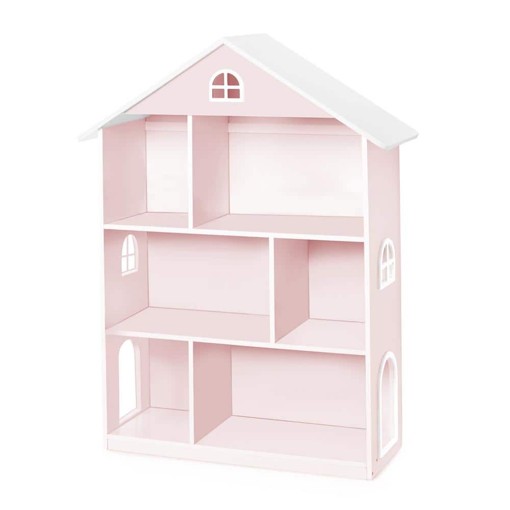 Children's Tall White Dollhouse Bookcase with Pink Roof 