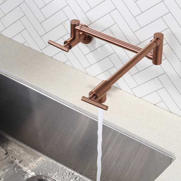 Brass Wall Mount Pot Filler with 2-Handles and Double Joint Swing Arms Folding Kitchen Faucet in Rose Gold