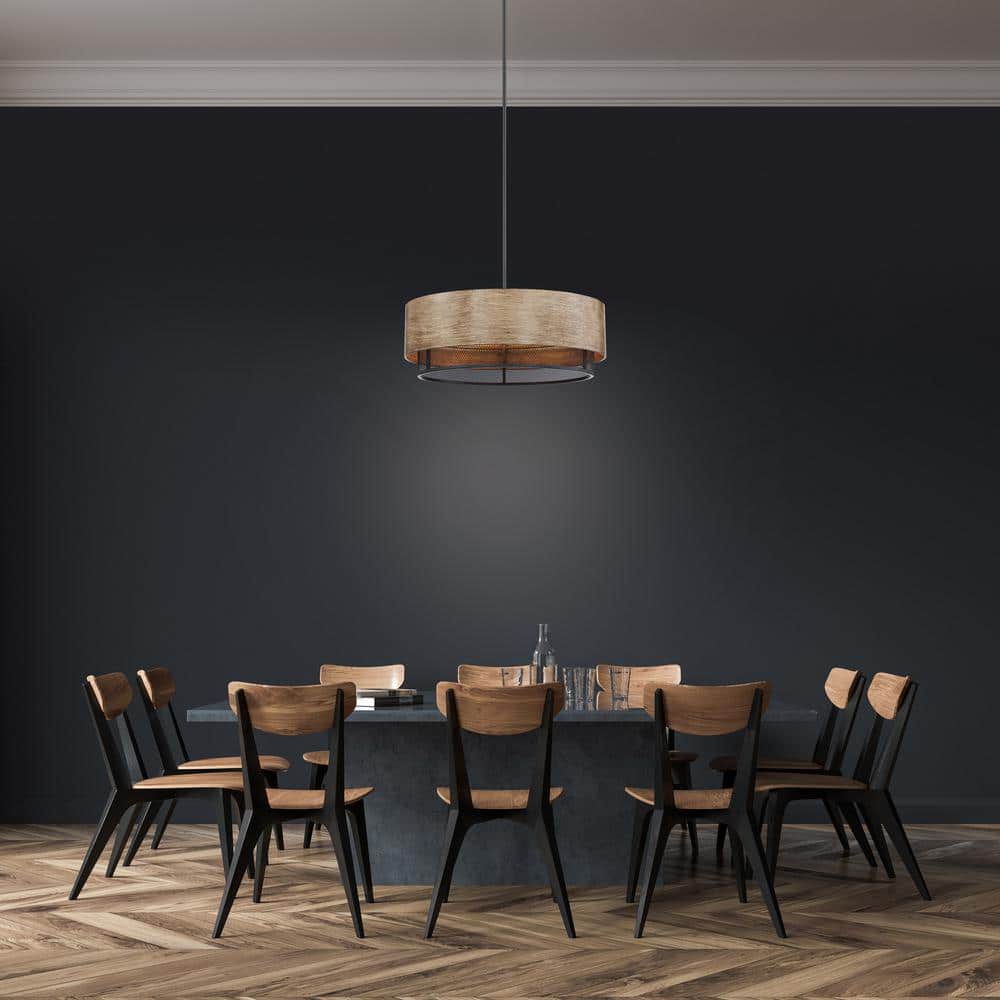 Nuvo Black and Honey Wood Drum Pendant Light