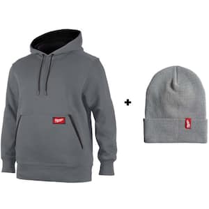 Men's Large Gray Midweight Cotton/Polyester Long-Sleeve Pullover Hoodie with Men's Gray Acrylic Cuffed Beanie Hat