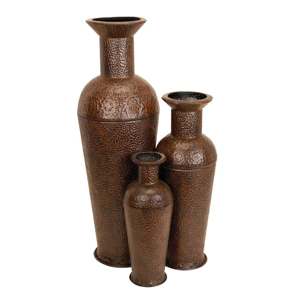Tall Dark Brown Metal Floor Decorative Vase Set with Bubble Texture