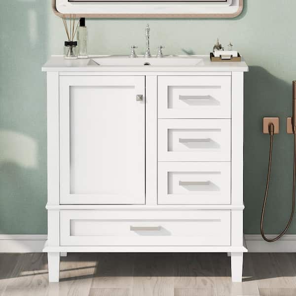 30 in. W Single Sink Freestanding Bath Vanity in White with White Ceramic Top and 3 Drawers, Soft Closing Door