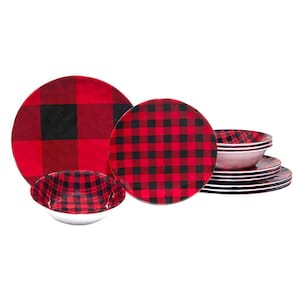 Red Buffalo Plaid 12-Pcs Assorted Colors Melamine Dinnerware Set (Service for 4)
