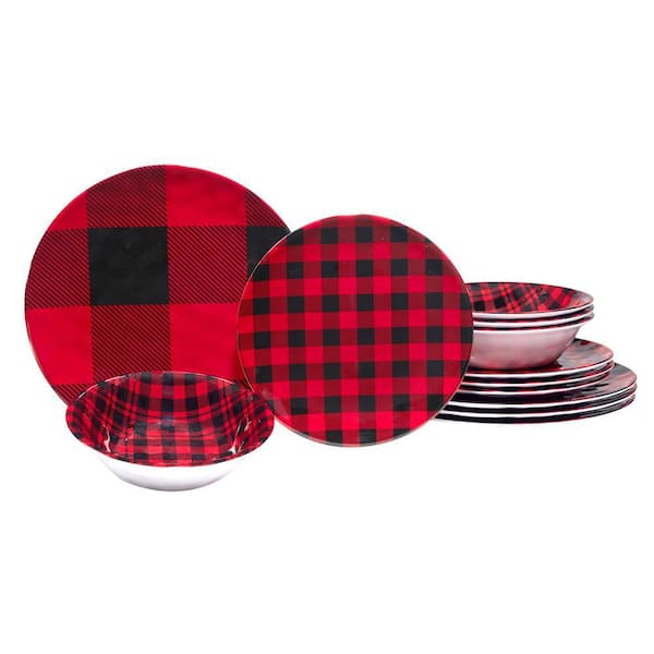Certified International Red Buffalo Plaid 12-Pcs Assorted Colors Melamine Dinnerware Set (Service for 4)