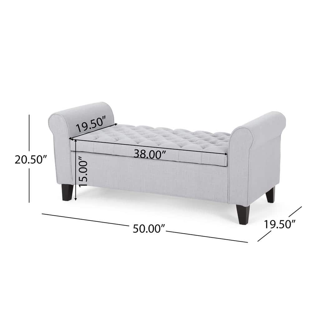Light Gray Tufted Fabric Storage Ottoman Bench with Rolled Arms