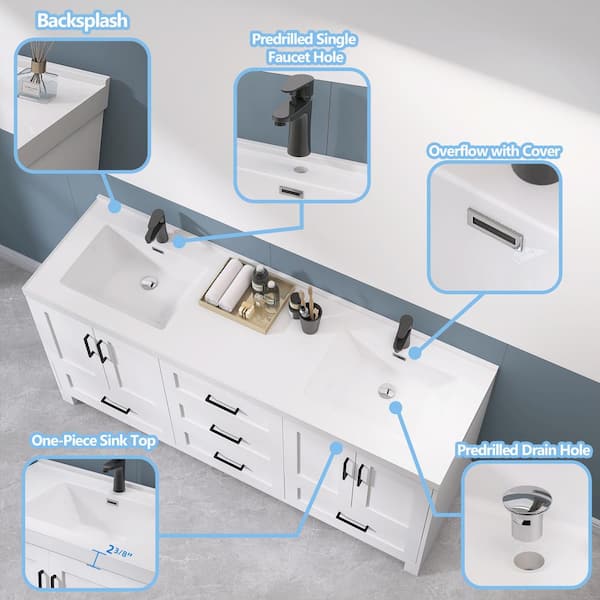 Zeafive 72 in. Double Sinks Freestanding White Bath Vanity with