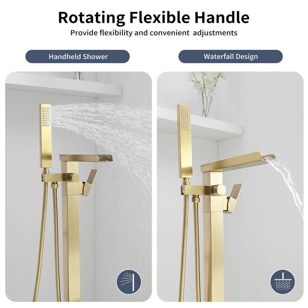 Brushed Gold Freestanding Tub Faucet with Handheld Shower