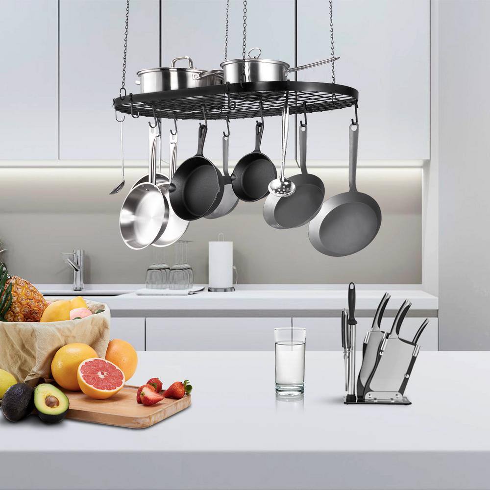 Black Carbon Steel 36-Inch Ceiling Mount Hanging Pot Rack with 20 S Hooks