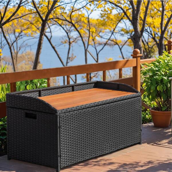 70 gal. Black Wicker with Acacia Wooden Seat Outdoor Storage Bench