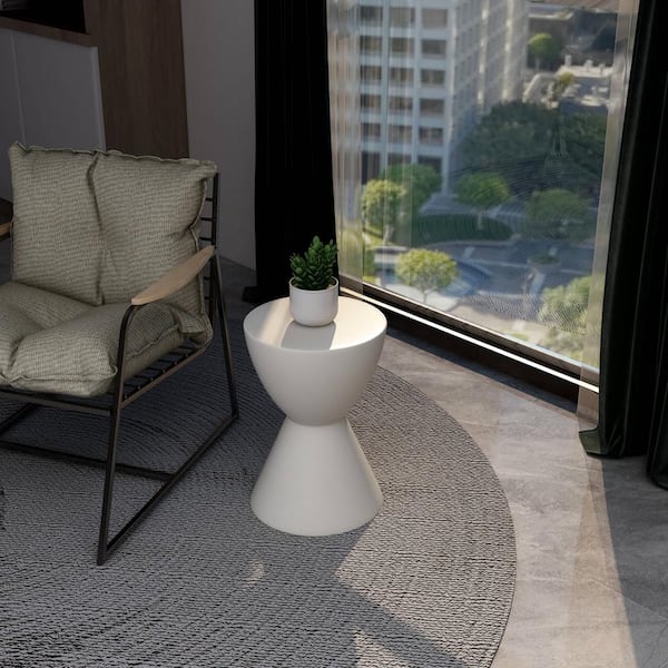 Modern Round Side Table with Fiberstone Tabletop and Pedestal Base Accent Table Loft Series in White